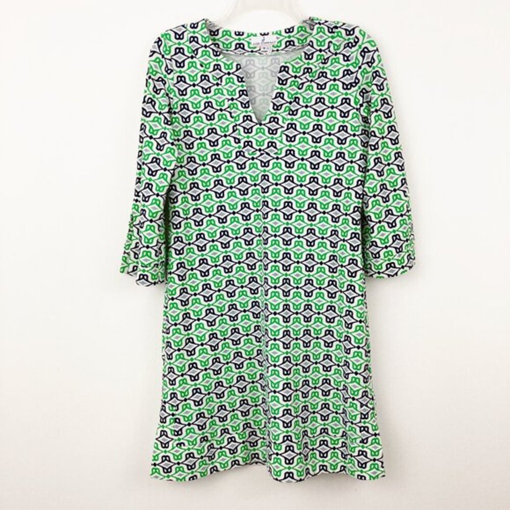 Jude Connally Megan Shift‎ Dress Size S Jude Cloth Green Blue White 3/4 Sleeve